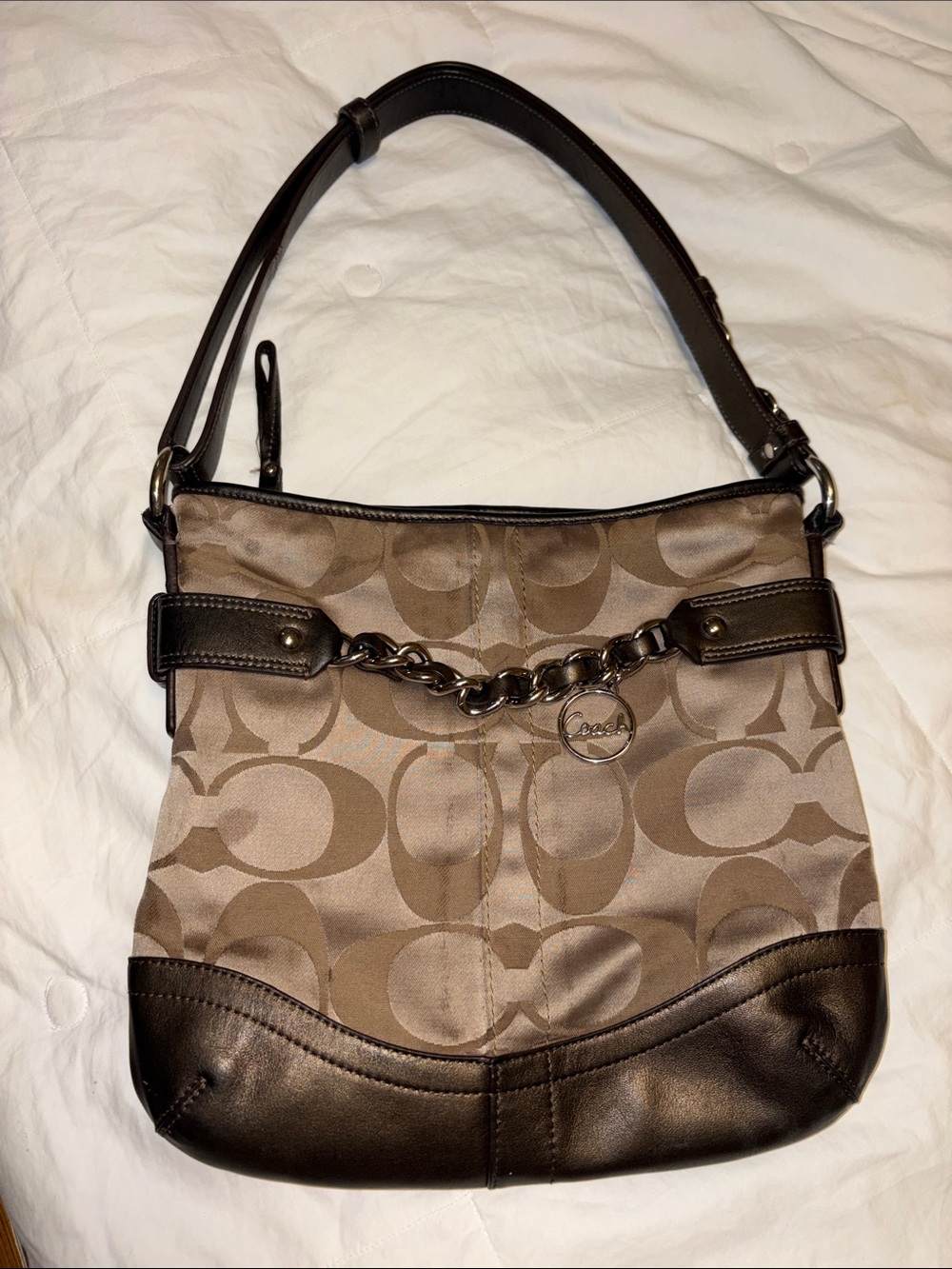 Vintage Coach Brown Signature Canvas Shoulder Bag with Dark Brown Leather Trim